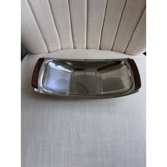 VTG Stainless Steel Teak Wood MCM Serving Tray Denmark 12.5" x 6.5" 1950s - Picture 1 of 8